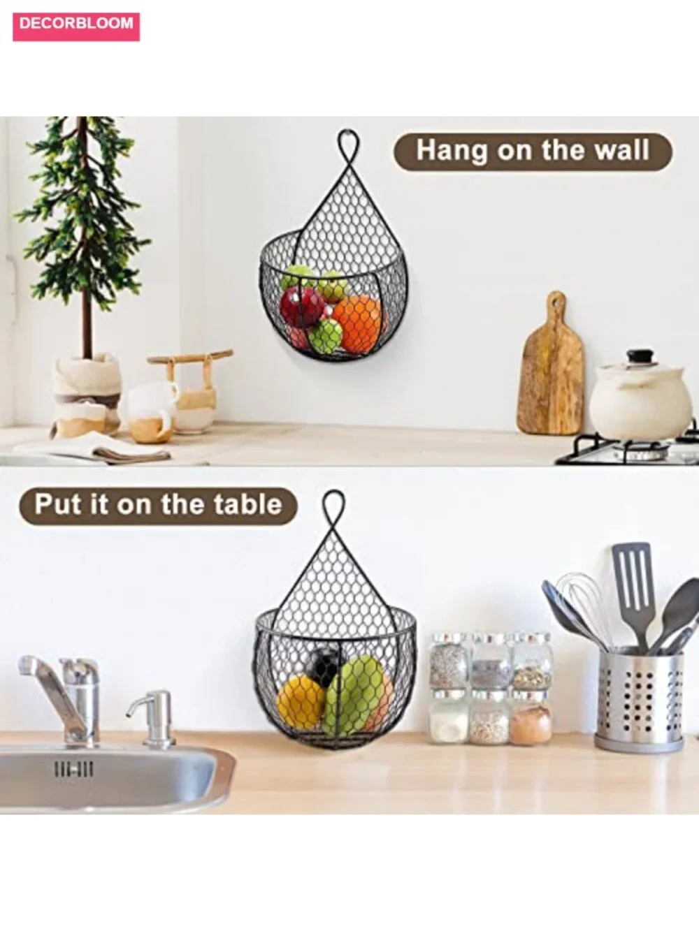 Black Metal Wire Hanging Basket Set for Fruit & Veggie Storage, Wall Mounted